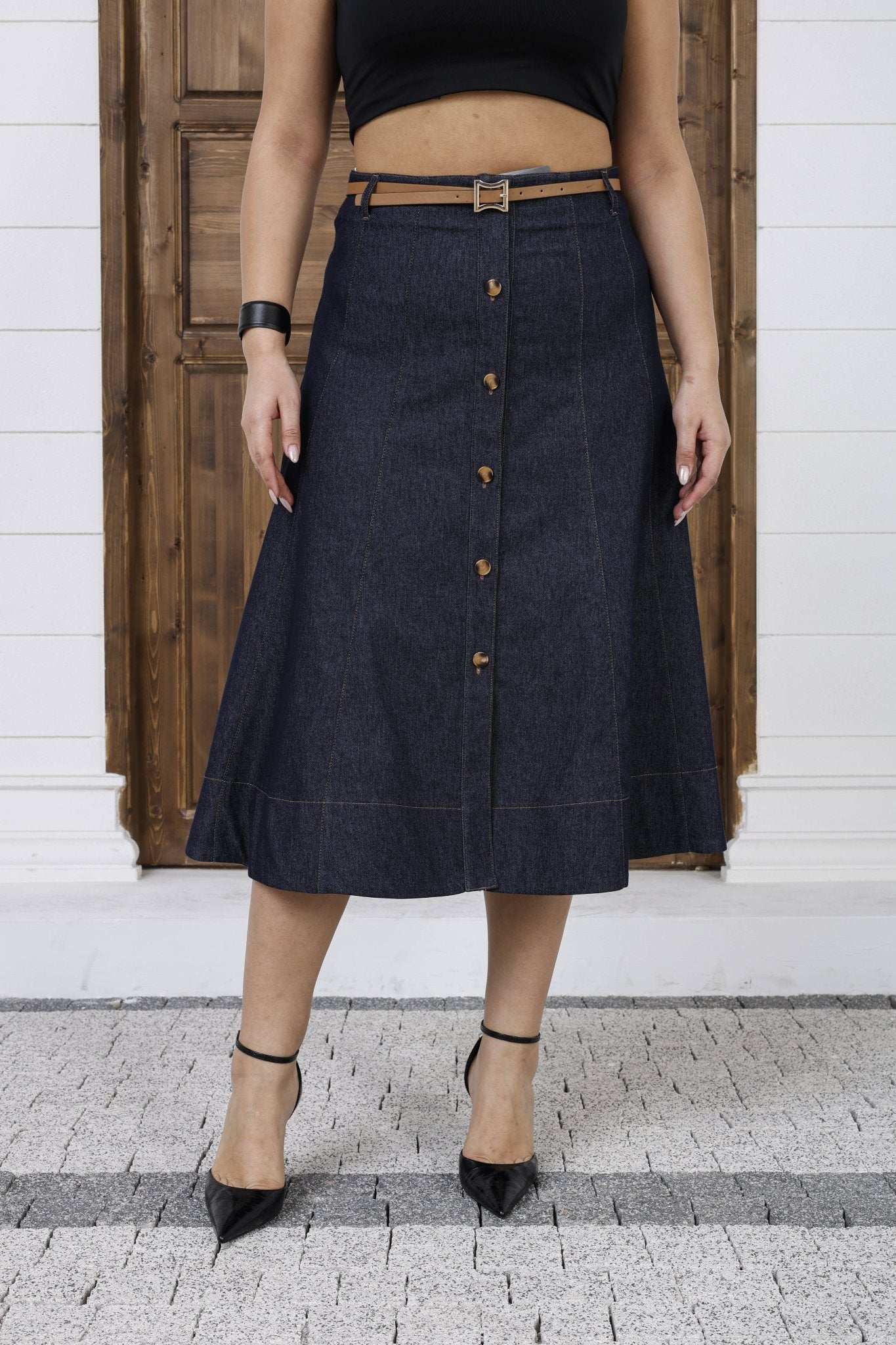 Wholesale Women's A-Line Button-Front Midi Skirt with Belt - Elitline Navy Blue Color Front View 2