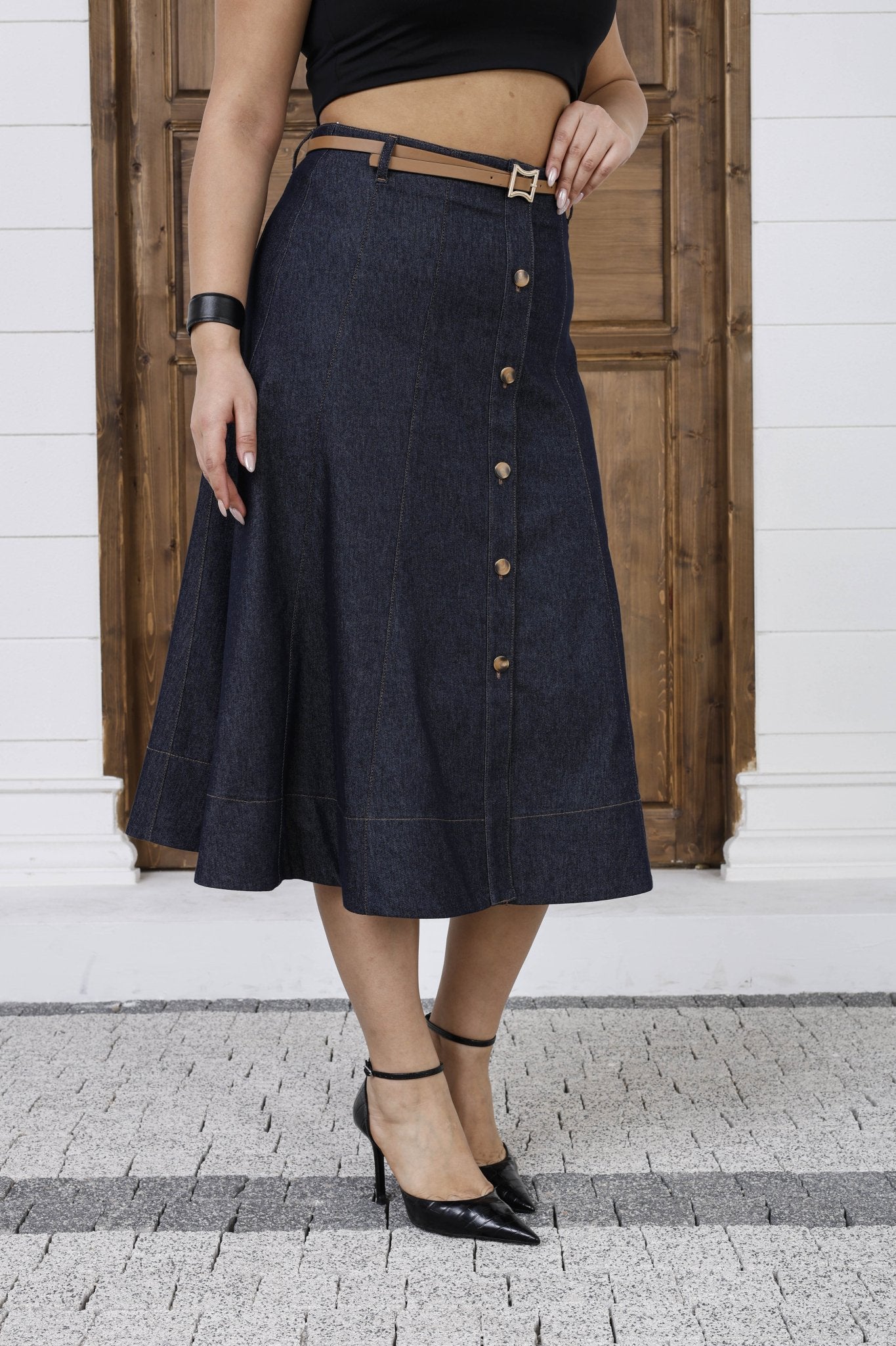 Wholesale Women's A-Line Button-Front Midi Skirt with Belt - Elitline Navy Blue Color Front View 3