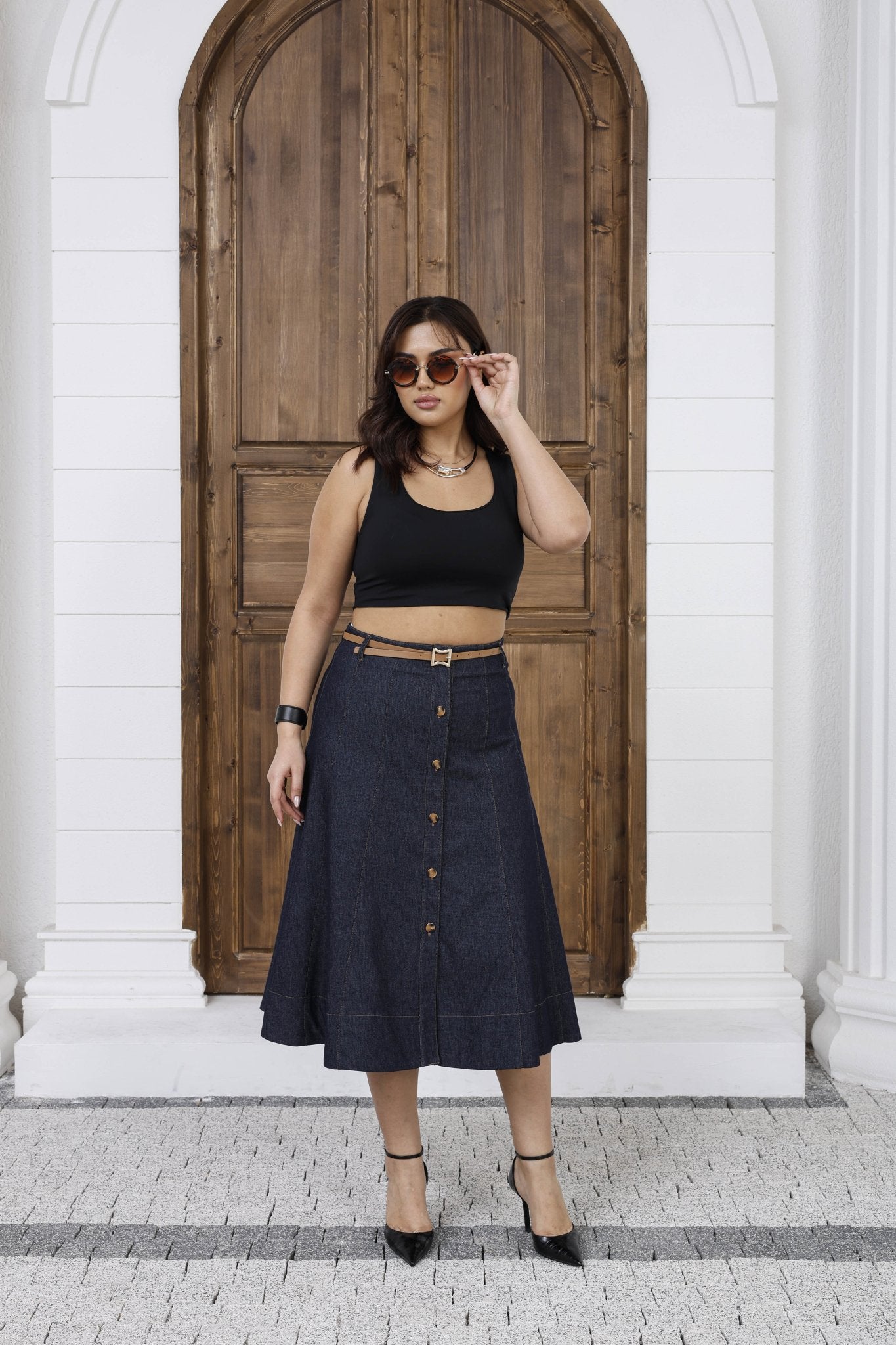 Wholesale Women's A-Line Button-Front Midi Skirt with Belt - Elitline Navy Blue Color Front View 1