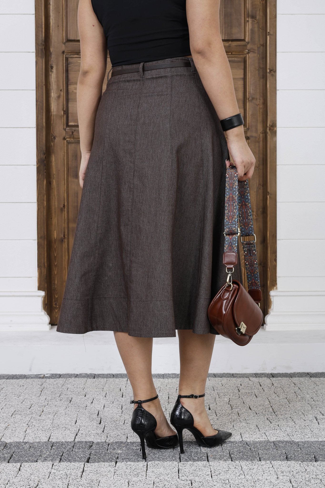 Wholesale Women's A-Line Button-Front Midi Skirt with Belt - Elitline Brown Color Back View