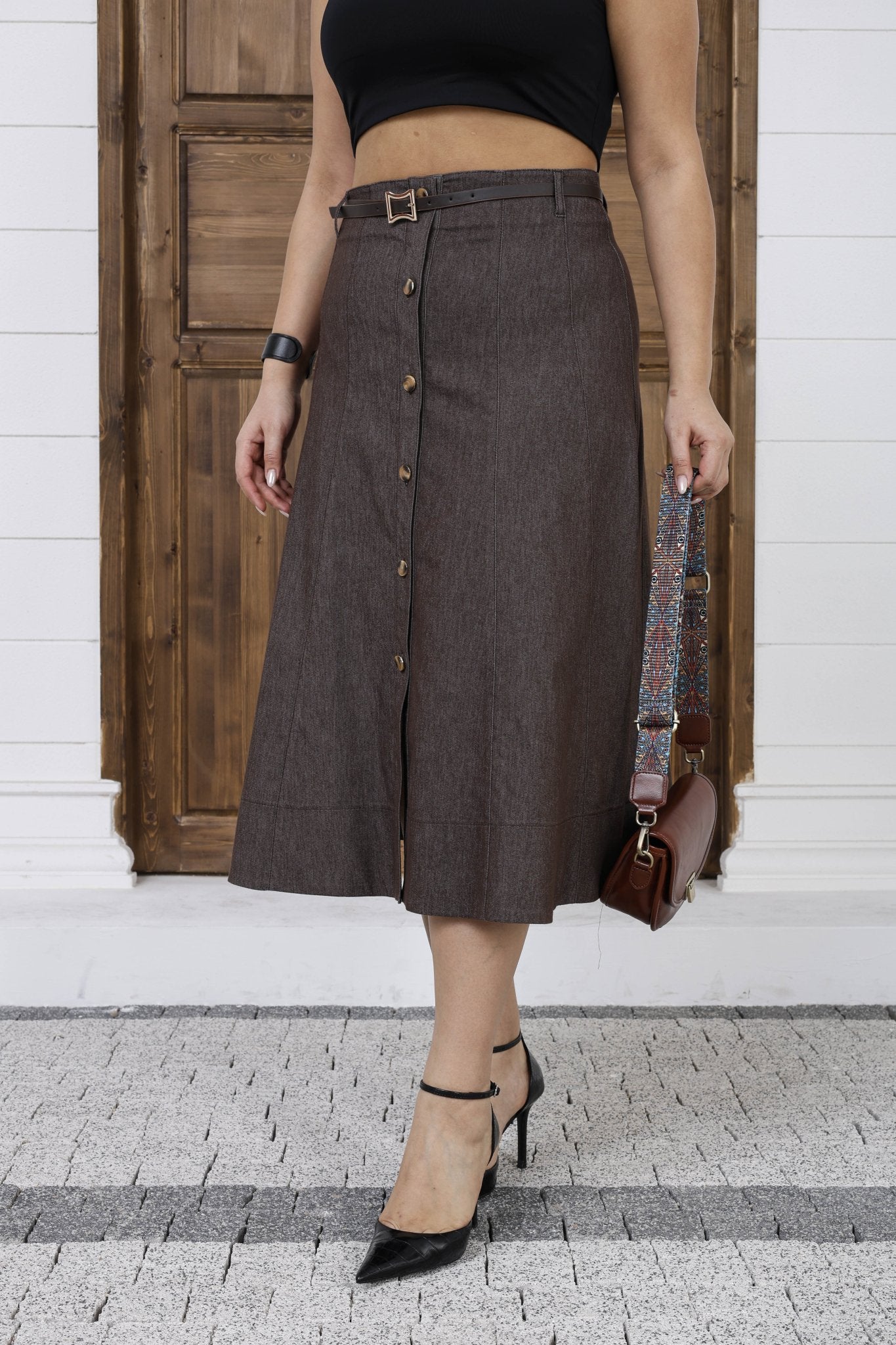 Wholesale Women's A - Line Button - Front Midi Skirt with Belt - Elitline - Elitlineglobal