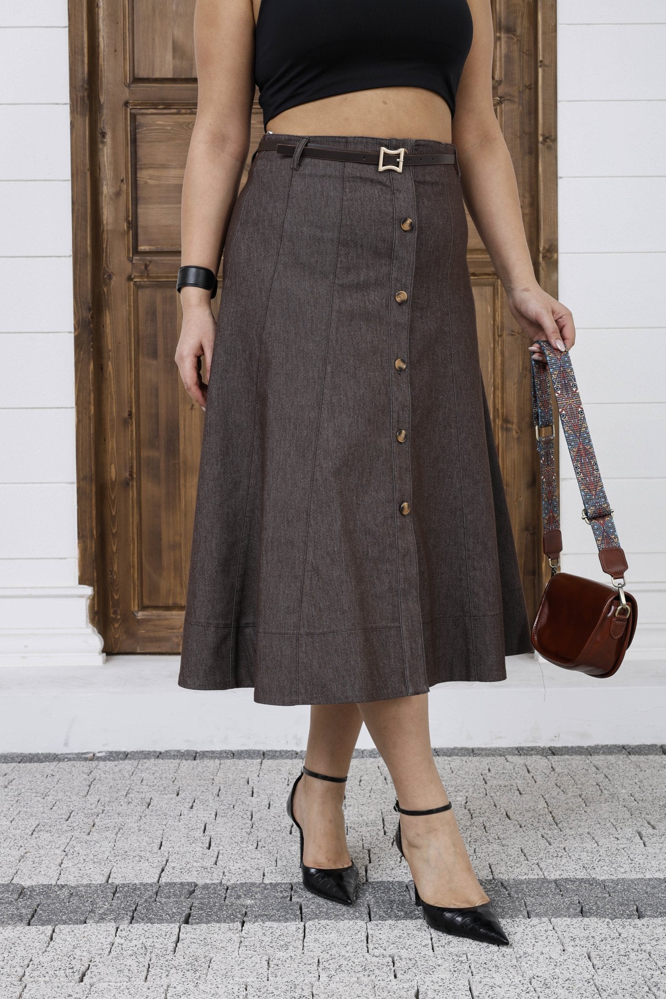 Wholesale Women's A-Line Button-Front Midi Skirt with Belt - Elitline Brown Color Front 2
