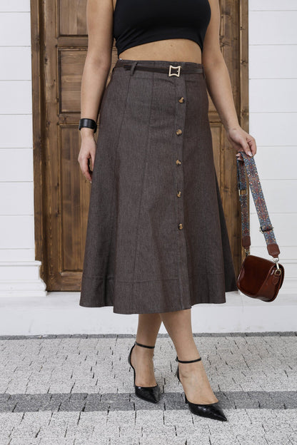 Wholesale Women's A-Line Button-Front Midi Skirt with Belt - Elitline Brown Color Front 2