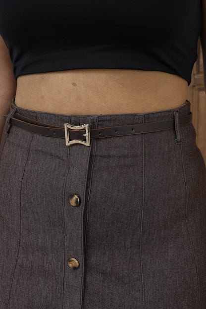 Wholesale Women's A-Line Button-Front Midi Skirt with Belt - Elitline Brown Color Front 1 Details