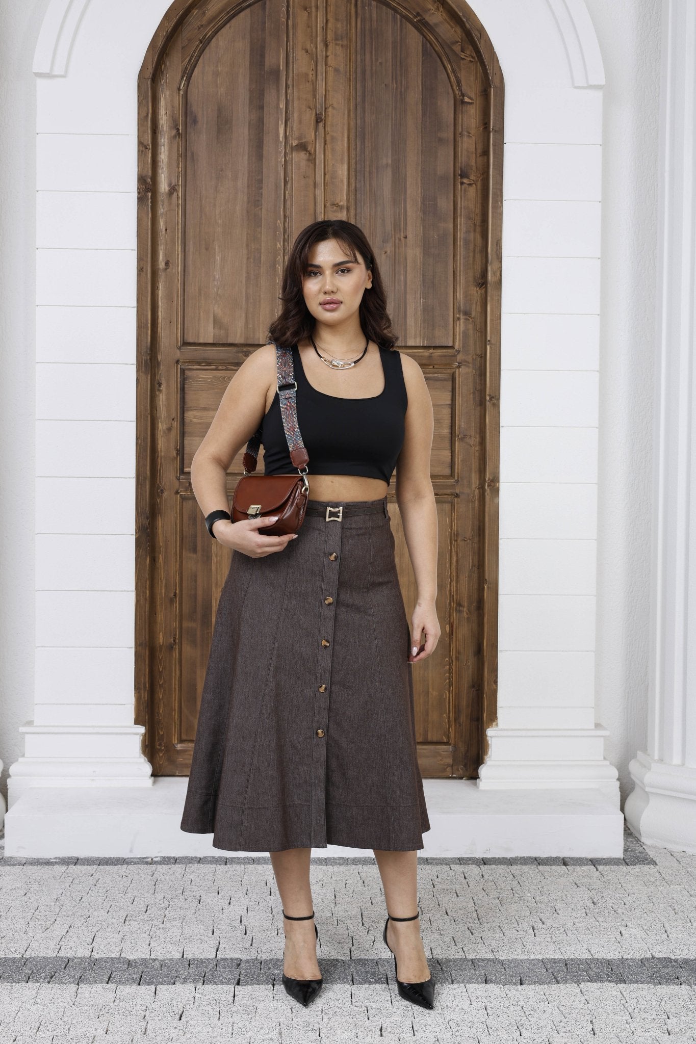 Wholesale Women's A-Line Button-Front Midi Skirt with Belt - Elitline Brown Color Front 1