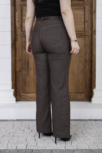 Wholesale Women's High Rise Wide Leg Pants Cotton Blend Trousers with Slim Faux Leather Belt - Elitline back view