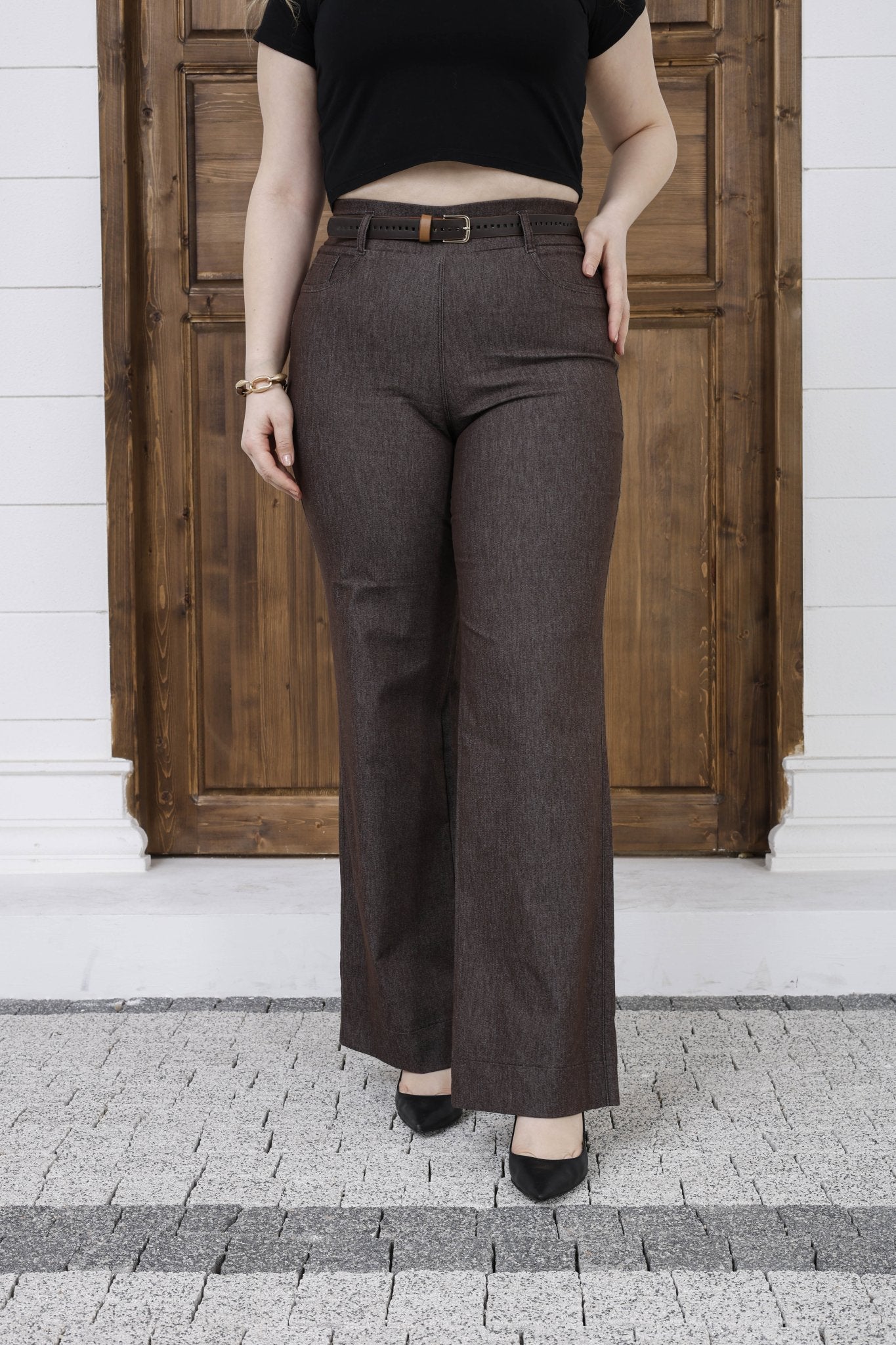 Wholesale Women's High Rise Wide Leg Pants Cotton Blend Trousers with Slim Faux Leather Belt - Elitline