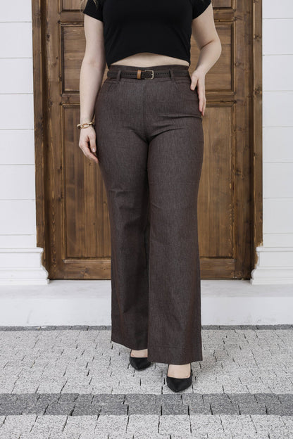 Wholesale Women's High Rise Wide Leg Pants Cotton Blend Trousers with Slim Faux Leather Belt - Elitline