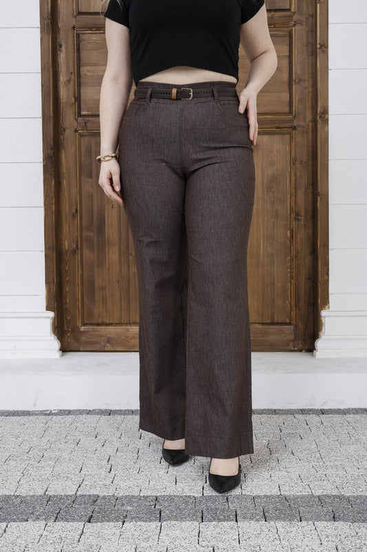 Wholesale Women's High Rise Wide Leg Pants Cotton Blend Trousers with Slim Faux Leather Belt - Brown 
Elitline