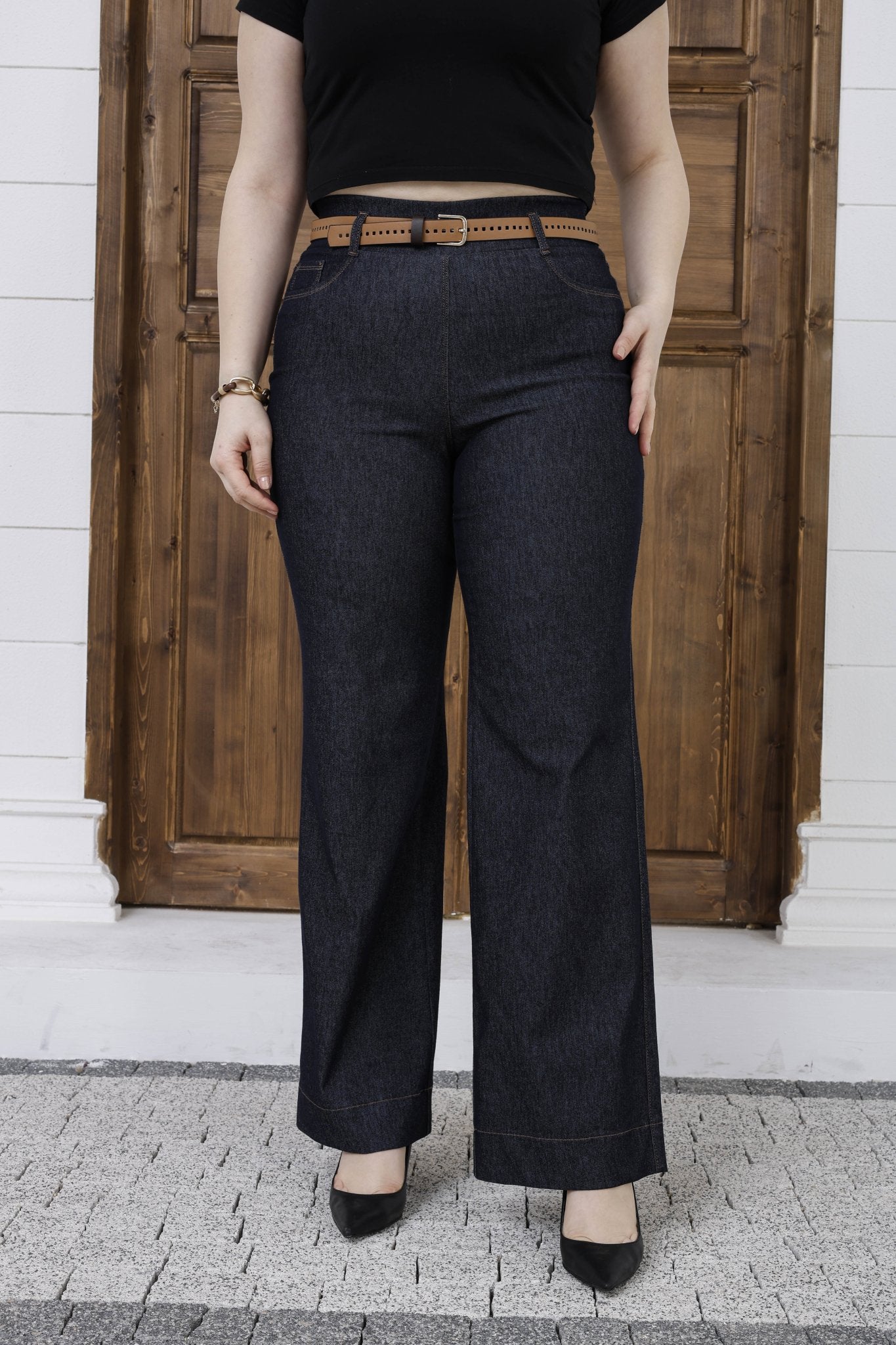 Wholesale Women's High Rise Wide Leg Pants Cotton Blend Trousers with Slim Faux Leather Belt - Navy blue Elitline