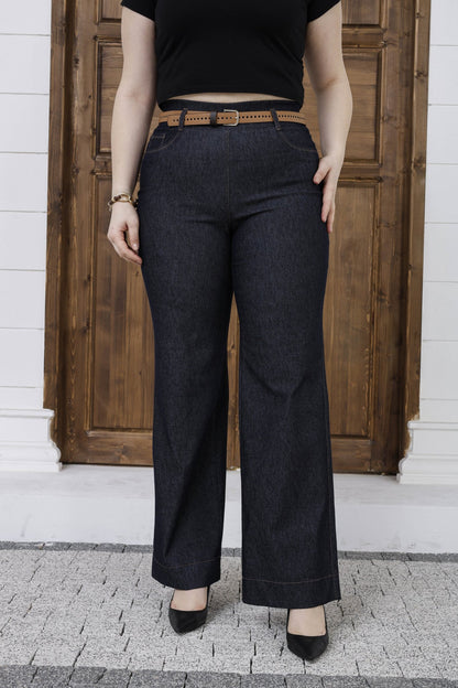 Wholesale Women's High Rise Wide Leg Pants Cotton Blend Trousers with Slim Faux Leather Belt - Navy blue Elitline