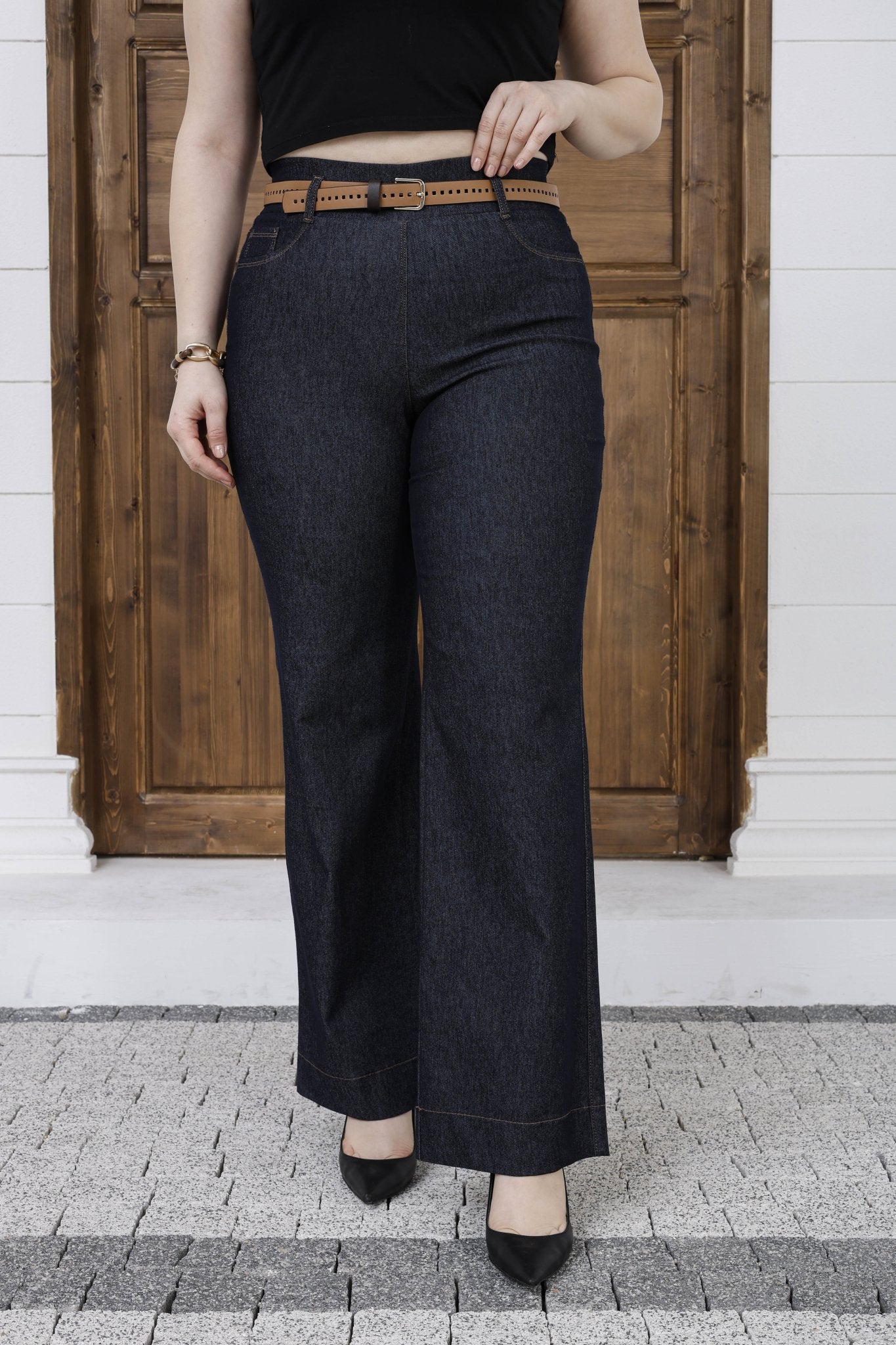 Wholesale Women's High Rise Wide Leg Pants Cotton Blend Trousers with Slim Faux Leather Belt - Navy Blue Elitline