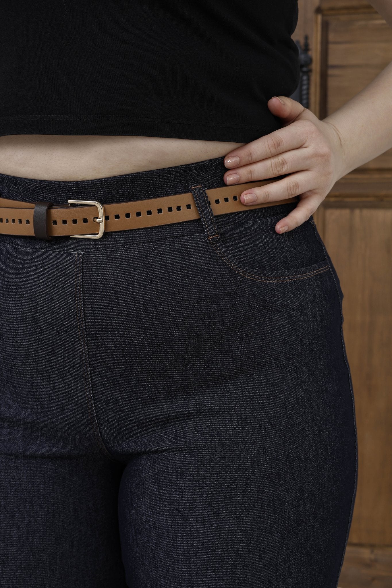 Wholesale Women's High Rise Wide Leg Pants Cotton Blend Trousers with Slim Faux Leather Belt - Navy Blue Elitline