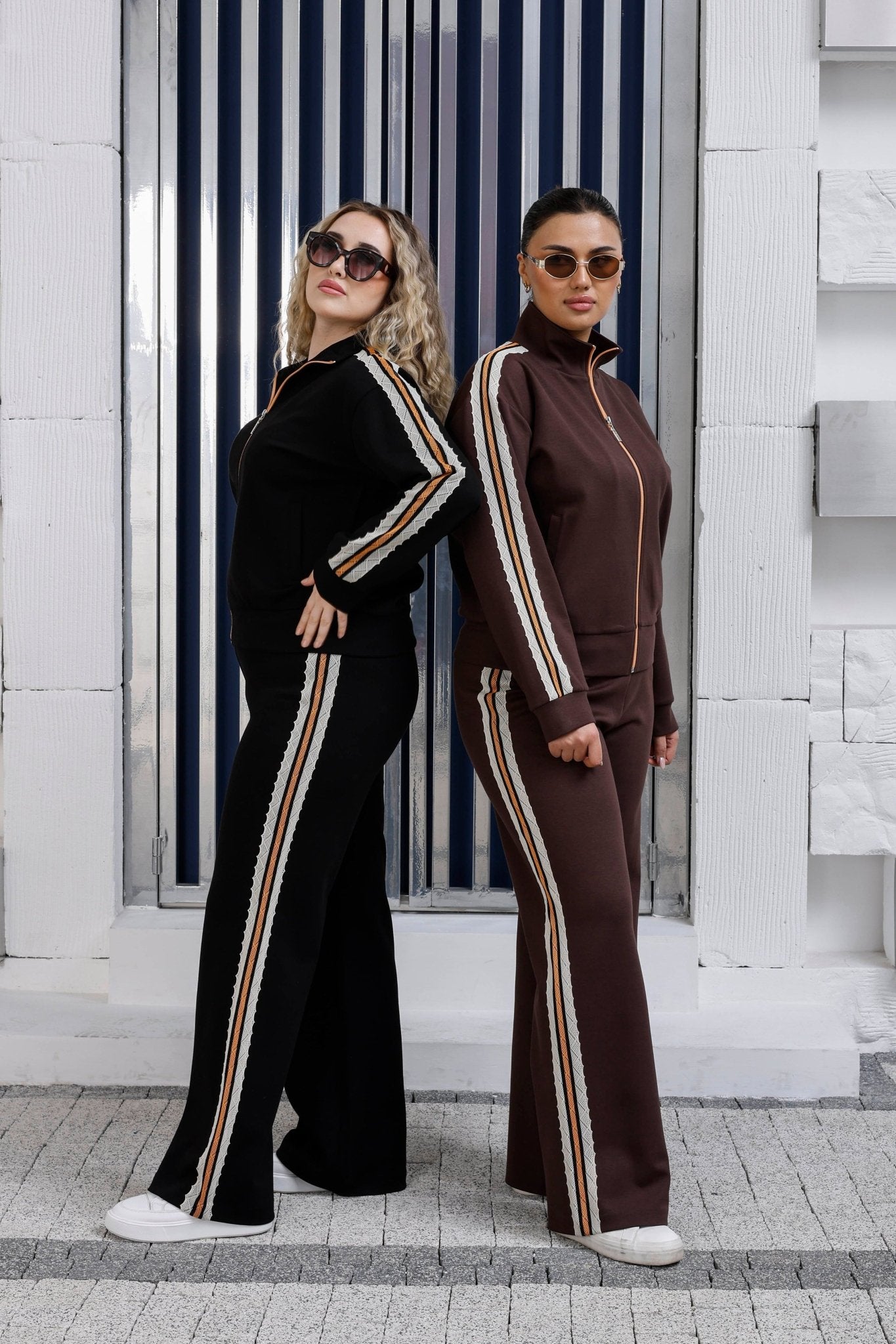 Floral lace side stripe detail on luxury wholesale joggers - Elitline 2 Models together