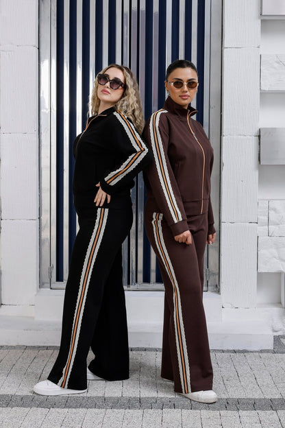 Floral lace side stripe detail on luxury wholesale joggers - Elitline 2 Models together