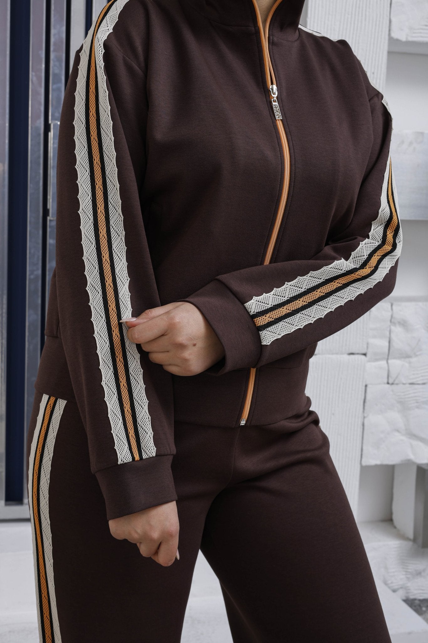 Floral lace side stripe detail on luxury wholesale joggers - Elitline dark brown color front view details