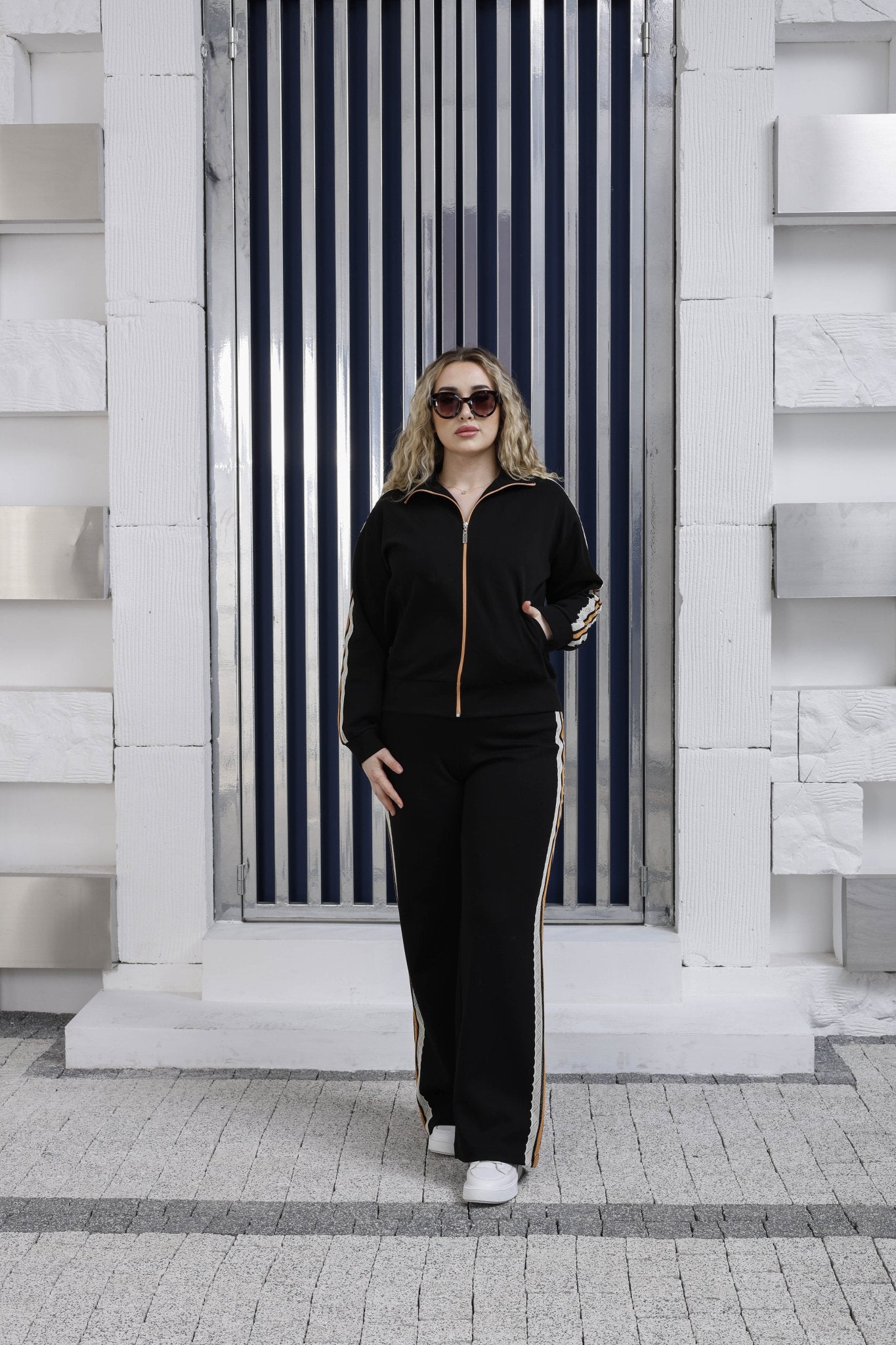 Floral lace side stripe detail on luxury wholesale joggers - Elitline black color front view