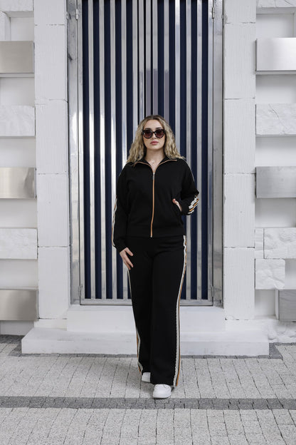 Floral lace side stripe detail on luxury wholesale joggers - Elitline black color front view