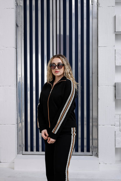 Floral lace side stripe detail on luxury wholesale joggers - Elitline black color front view 2