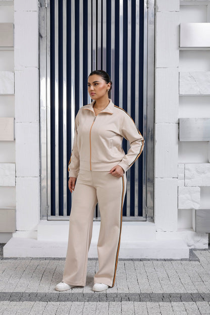 Floral lace side stripe detail on luxury wholesale joggers - Elitline beige color front view 3