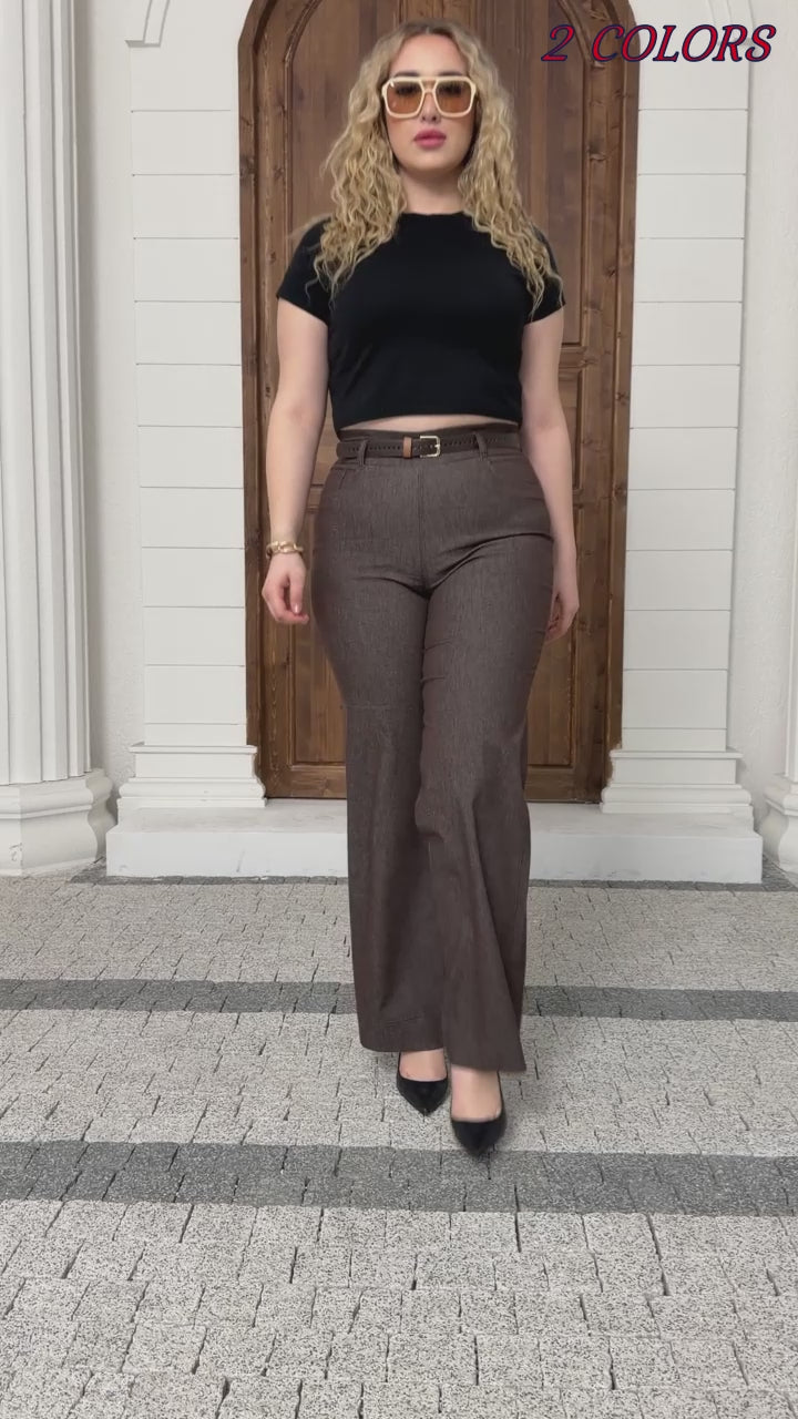 Wholesale Women's High Rise Wide Leg Pants Cotton Blend Trousers with Slim Faux Leather Belt - Navy Blue Elitline Video Full Colors 