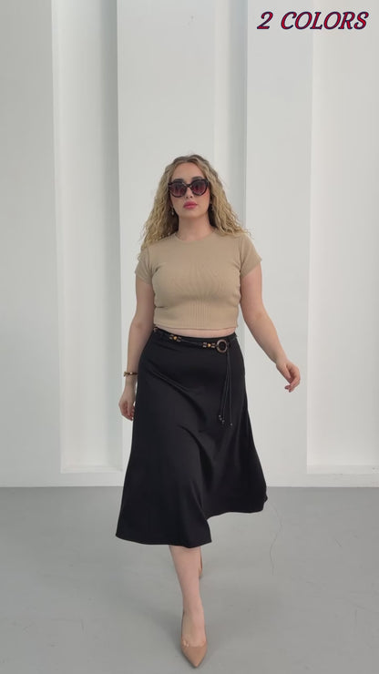 Wholesale Women's High-Rise Ponte Midi Skirt with Slim Belt - Elitline Video