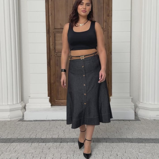 Wholesale Women's A-Line Button-Front Midi Skirt with Belt - Elitline Video