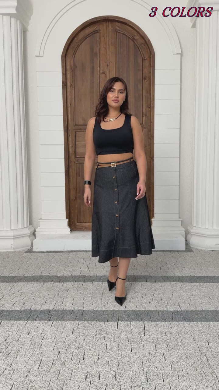 Wholesale Women's A-Line Button-Front Midi Skirt with Belt - Elitline Video