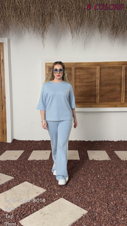 Wholesale women's sporty 2-piece cotton lounge set with stripes - Elitline video full colors