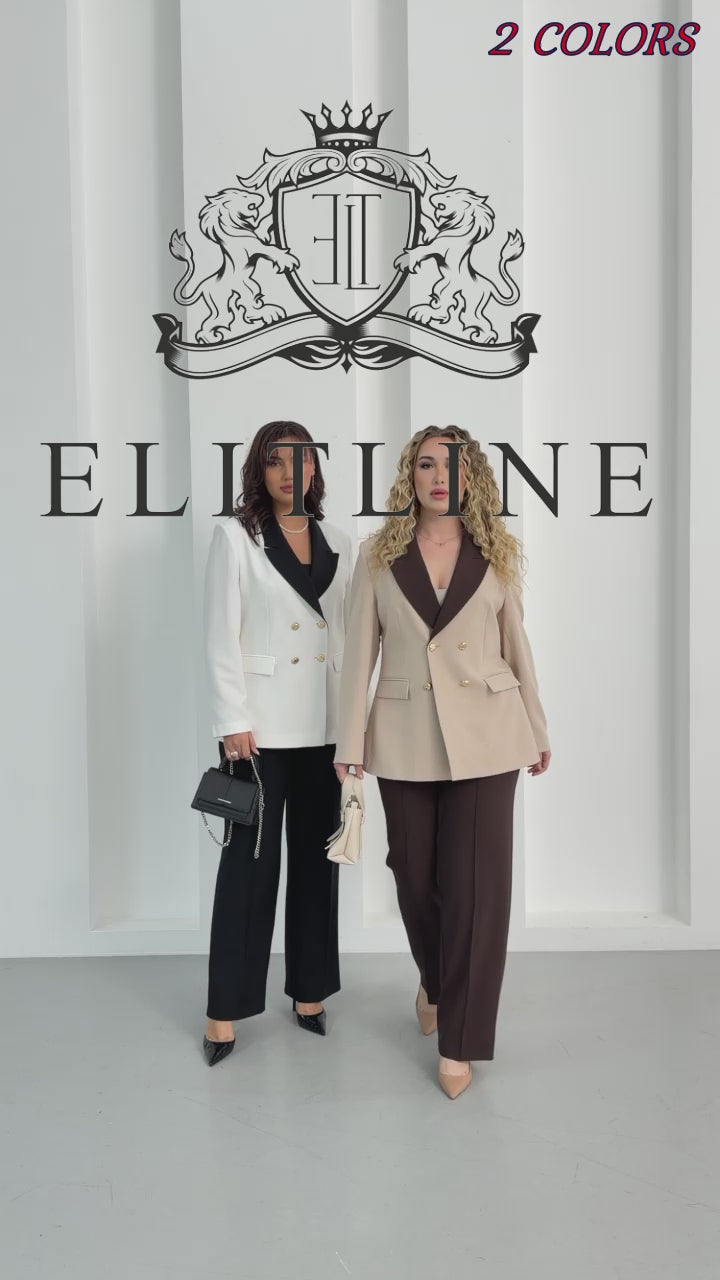 Wholesale women's tailored suit set in White-Black and beige brown with contrast lapel  full 2 colors video- Elitline